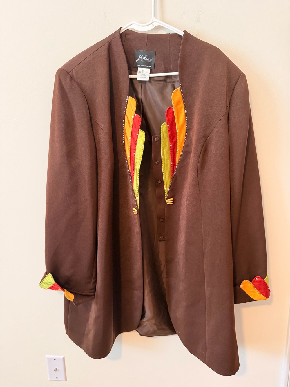 Vintage Milano Brown Embroidered Open-Front Women's Jacket